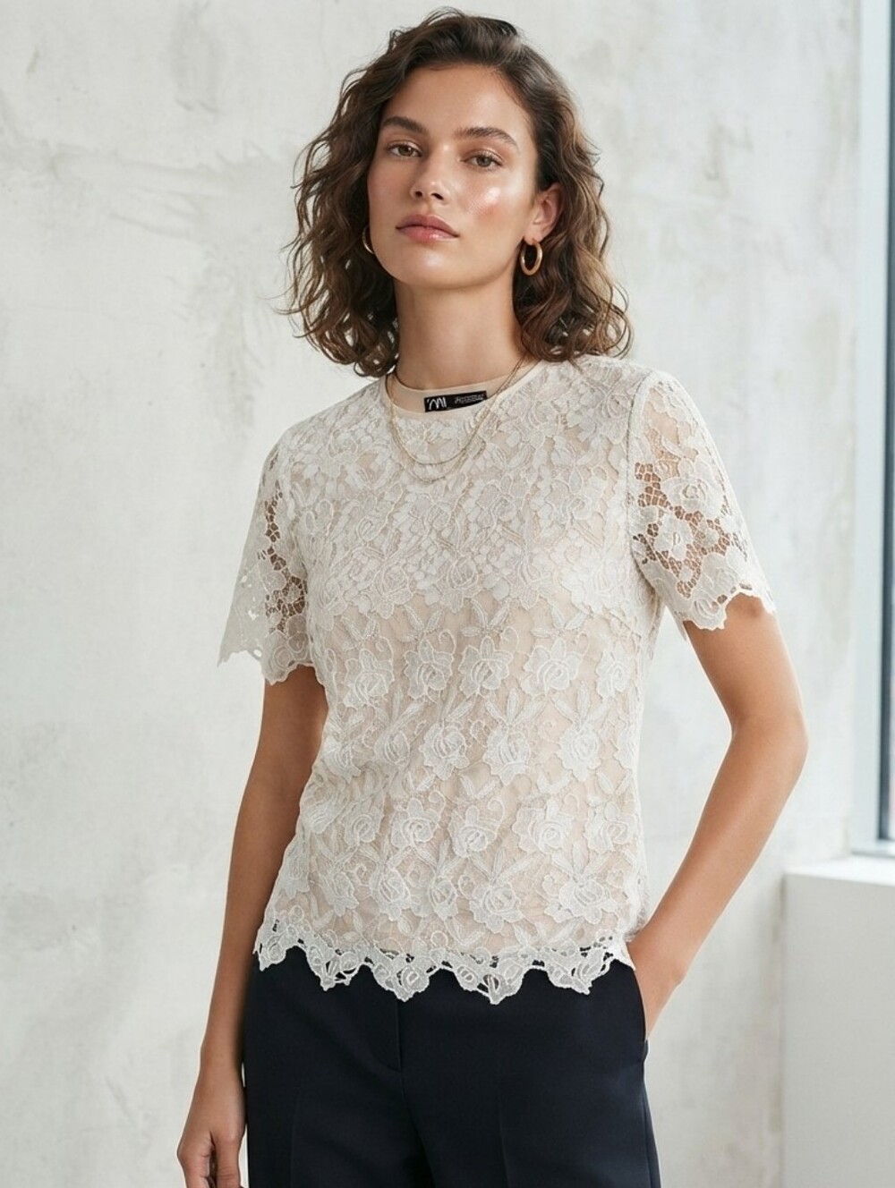 Zara white floral lace sheer blouse large